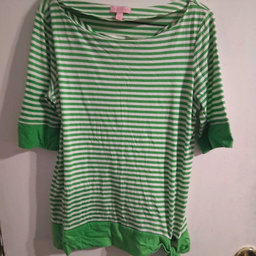 Lilly Pulitzer Striped Summer Top Lime Green White L EUC Side Tie Beachy - Picture 1 of 4